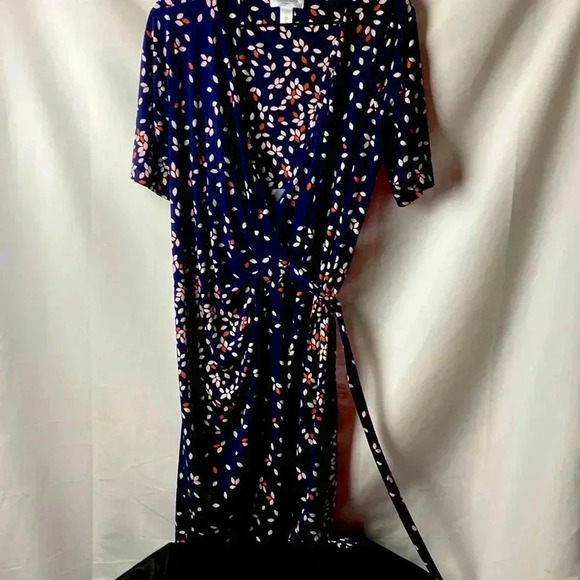 MOTHERHOOD MATERNITY WO SIZE LARGE WRAP DRESS NAVY W/ SALMON AND CREAM DESIGN - Picture 1 of 12